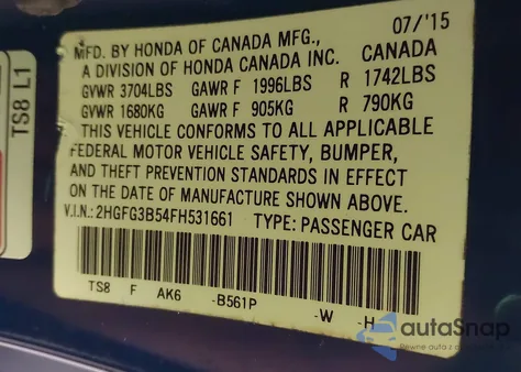 2015 Honda Civic Lx from USA, damaged, VIN 2HGFG3B54FH531661